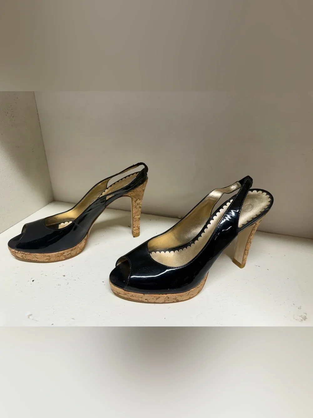 Jessica Simpson Black Patent Peep-Toe Slingback Wedges